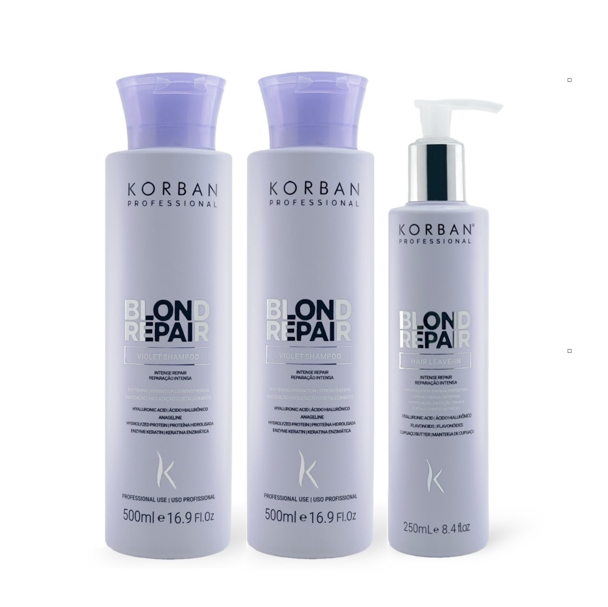 © 2023 moneli.lt | MONELÍ | KORBAN Blond Repair rinkinys šviesiems plaukams 2 x 500 ml + 250 ml - Violet Shampoo, Restorer, Hair Leave-in