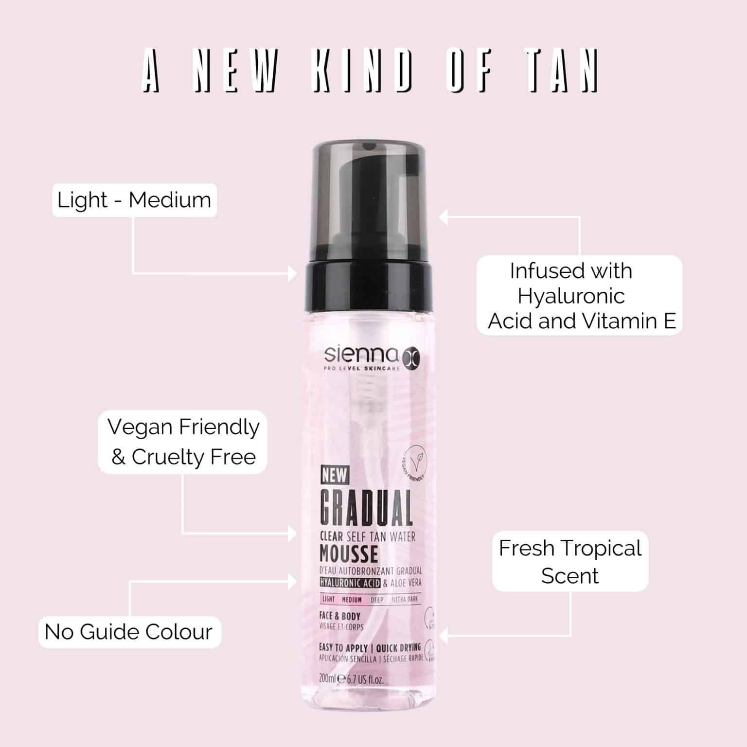 Sienna X Gradual Clear Self Tan Water Mousse skaidrios naujos kartos palaipsninės savaiminio įdegio putos 190 ml..